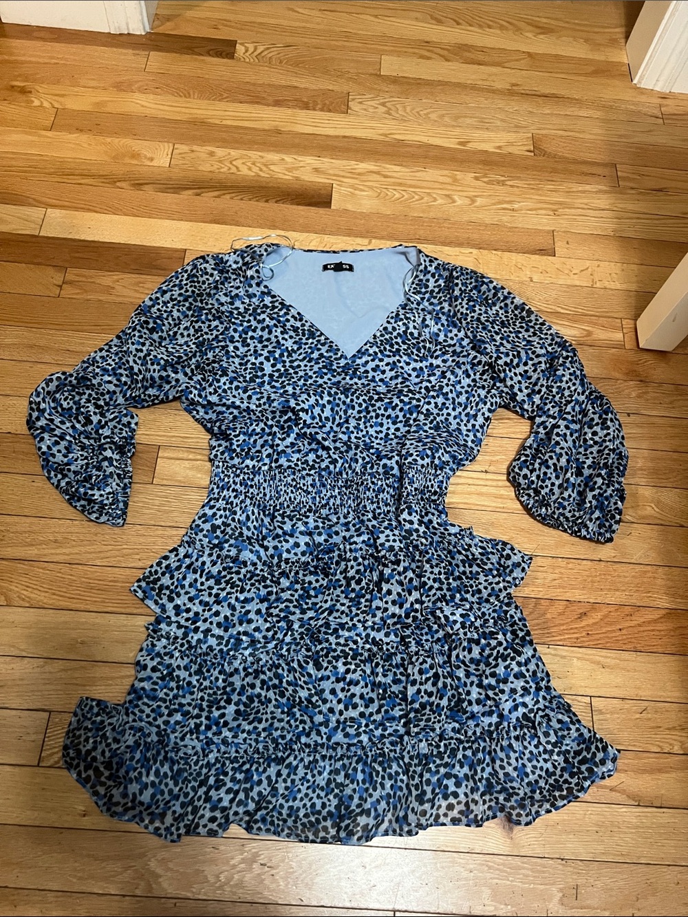 Express Blue and Black Floral Print Smocked Mini Dress